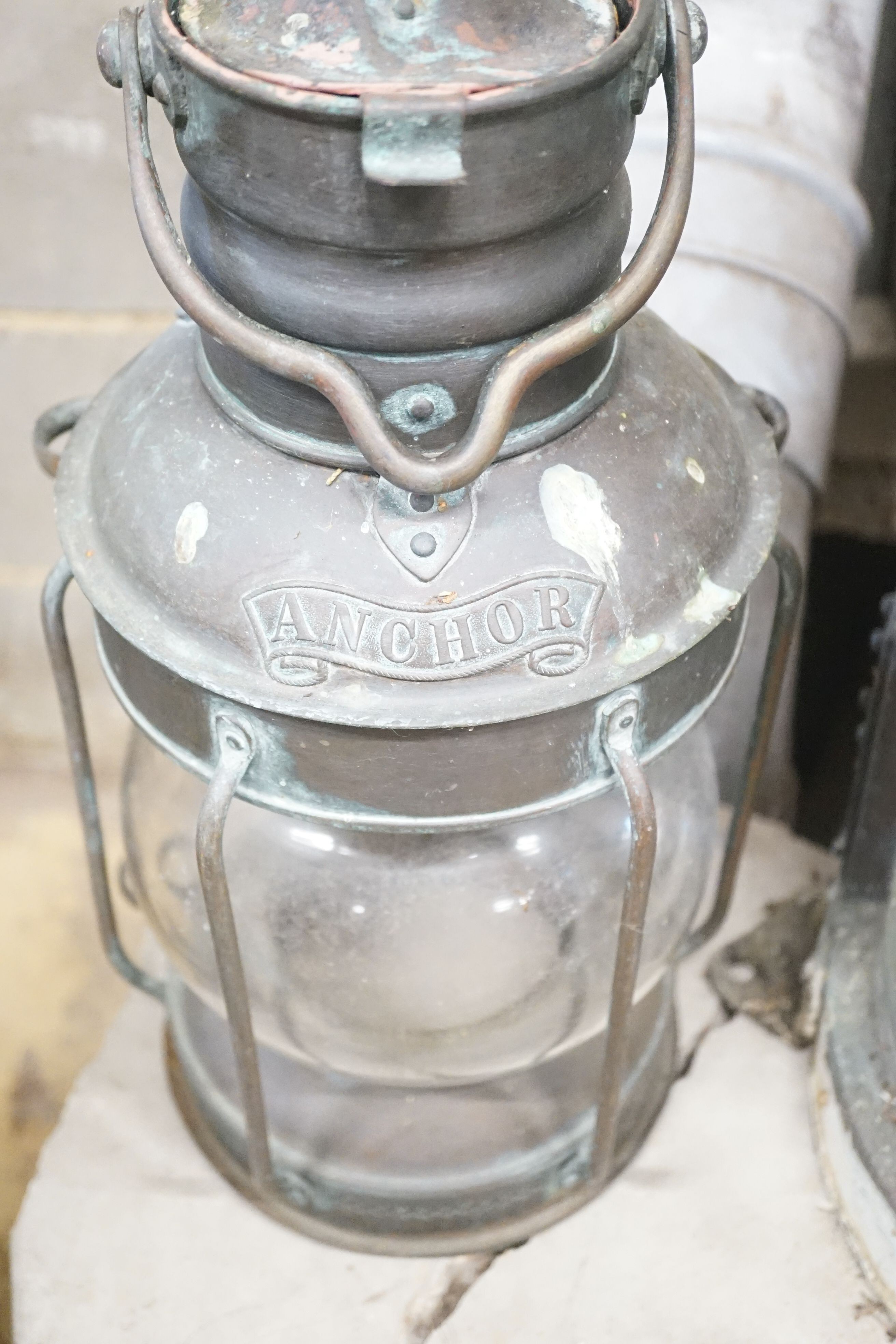 A brass framed marine lamp together with an associated gas lamp, tallest 59cm